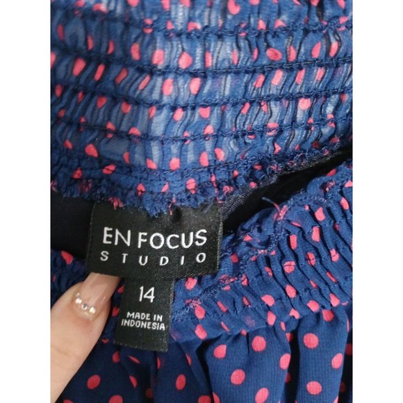 Women's En Focus Blue Polka Dot Pink Drop Waist Flowy Dress Size 14 - Picture 5 of 6